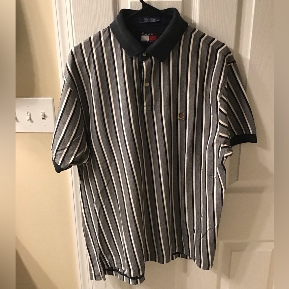 Vintage Y2K Tommy Hilfiger Polo L Vertical Striped Old Crest Logo Made in Mexico